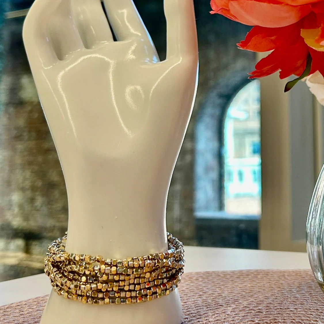 9 pc Cut Bead Stretch Bracelet- Set of 9 - GOLD/SILVER - Image 2